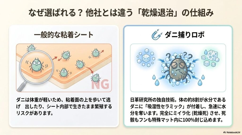 一般的な粘着シートと異なり、ダニ捕りロボは吸湿性セラミックでダニの水分を奪い完全にミイラ化(乾燥死)させる仕組みの図解