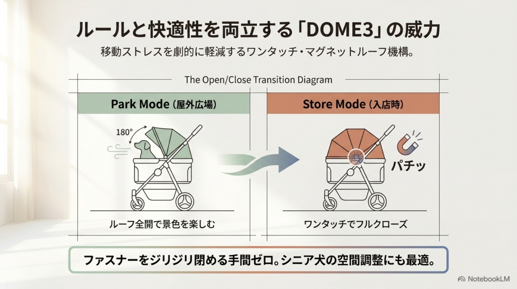 ルールと快適性を両立するドーム3の180度開閉オープンエアルーフの仕組み