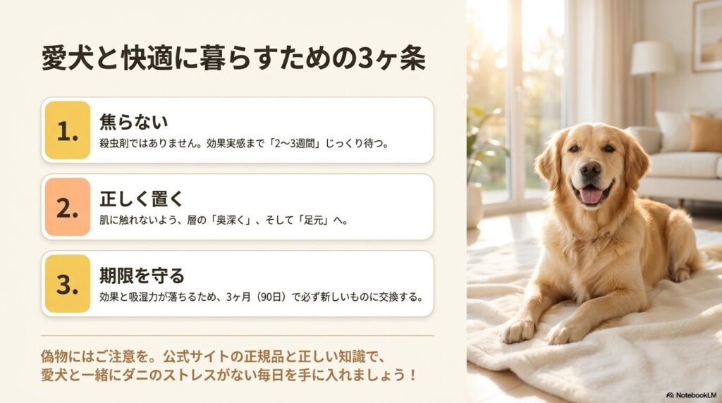 焦らない、正しく置く、期限を守るというダニ対策の3つのポイントと、リラックスしたゴールデンレトリバーの写真