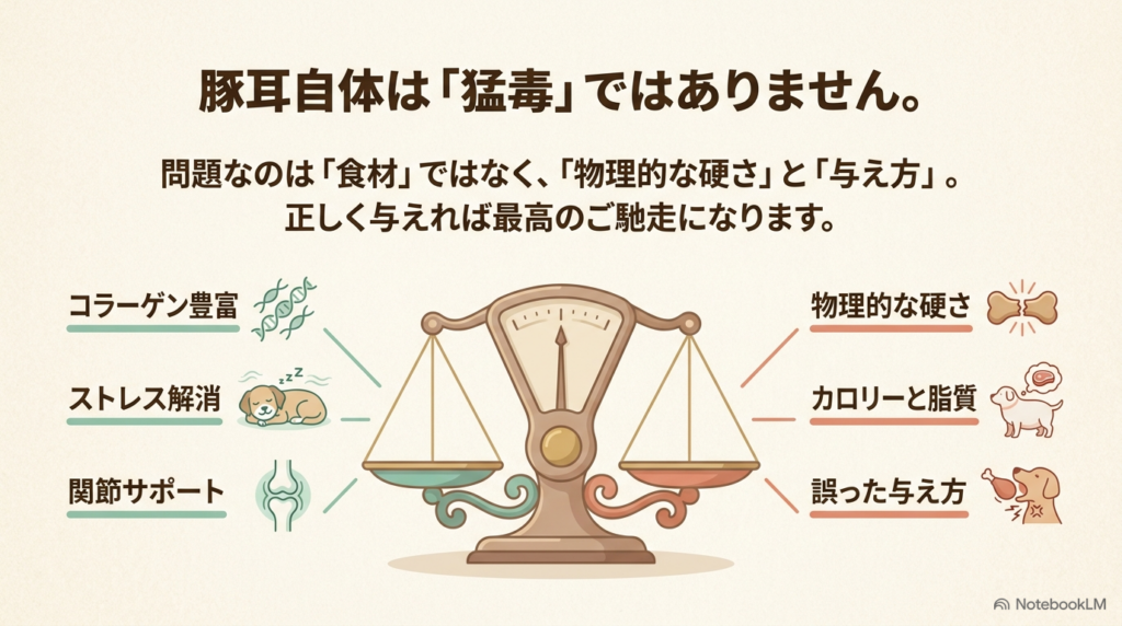 豚耳のコラーゲン豊富やストレス解消などのメリットと、物理的な硬さやカロリーなどの注意点を天秤で比較したイラスト