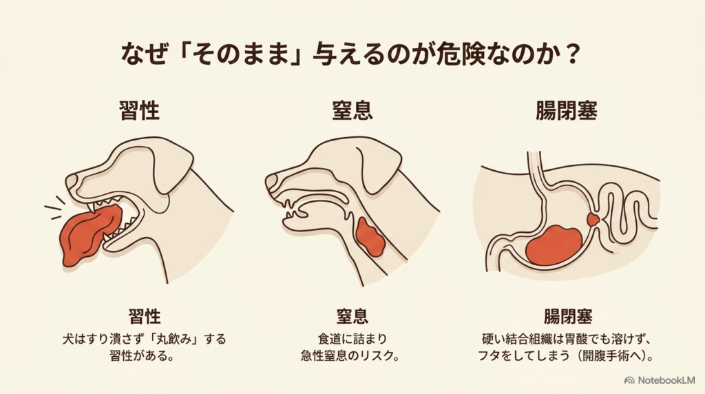 犬が食べ物を丸飲みする習性により、そのままの豚耳が食道に詰まって窒息したり、腸閉塞を引き起こすリスクを図解したイラスト