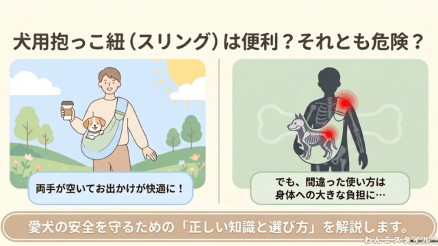 犬用抱っこ紐（スリング）は便利か危険かを問う表紙スライド。両手が空くメリットと、間違った使い方による身体への負担について記載されています。