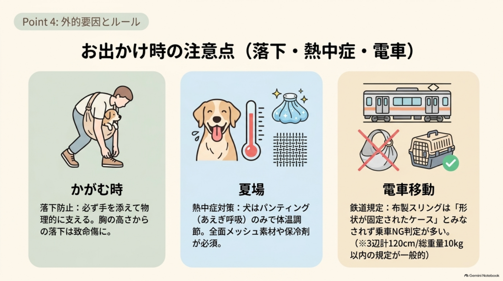 抱っこ紐を使ったお出かけ時の注意点をまとめたスライド。かがむ時の落下防止、夏場の熱中症対策、電車移動時の規定について記載されています。