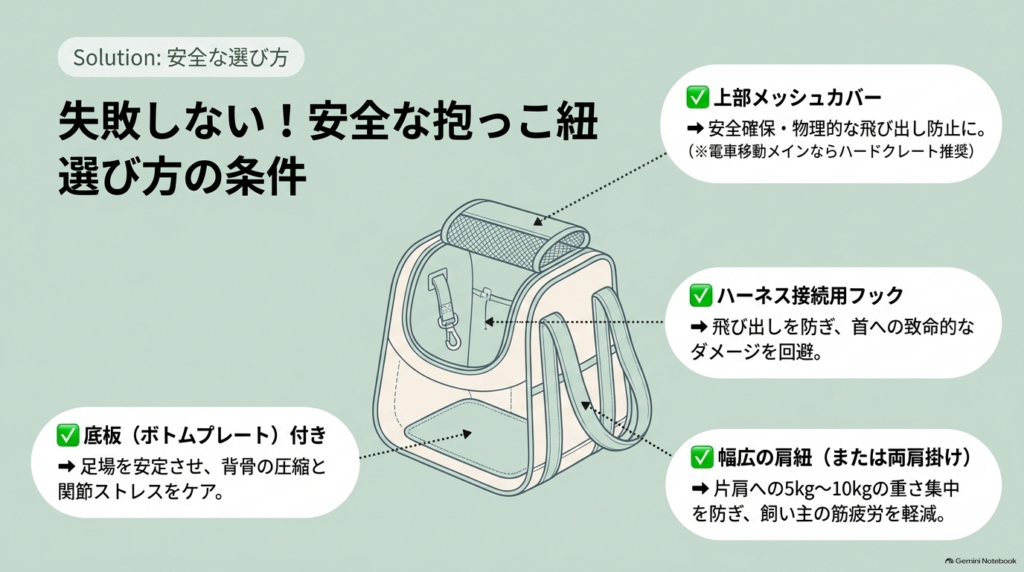 安全な抱っこ紐選びの条件を図解したスライド。上部メッシュカバー、ハーネス接続用フック、底板付き、幅広の肩紐の4つのポイントが解説されています。