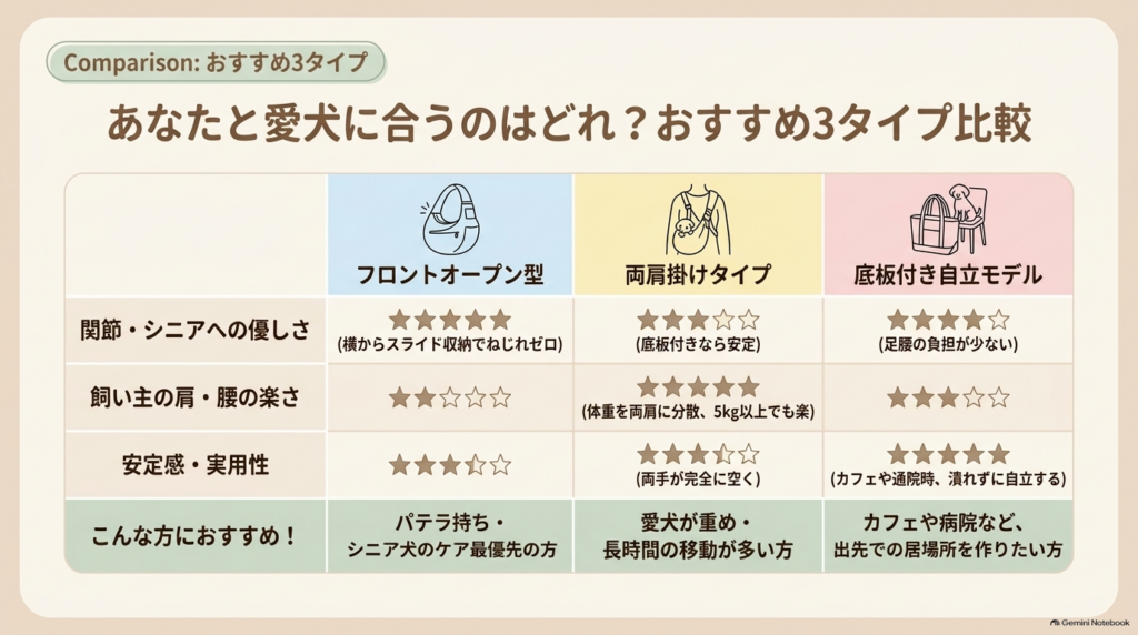 おすすめの抱っこ紐3タイプを比較したスライド。フロントオープン型、両肩掛けタイプ、底板付き自立モデルについて、関節への優しさや飼い主の負担、実用性などを比較しています。