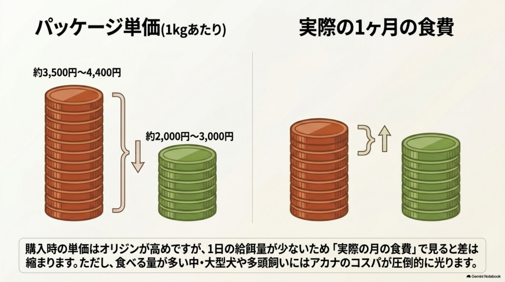 アカナとオリジンのパッケージ単価と実際の1ヶ月の食費を比較した図解