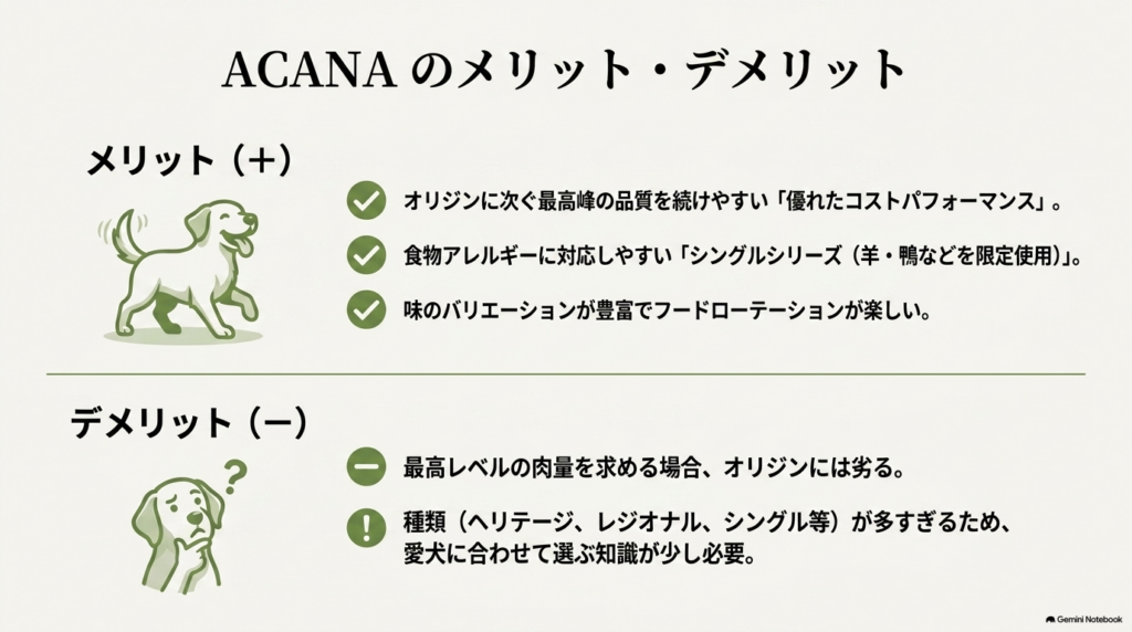 アカナドッグフードのメリット（コスパやアレルギー対応）とデメリット（種類選びの難しさ）のまとめ