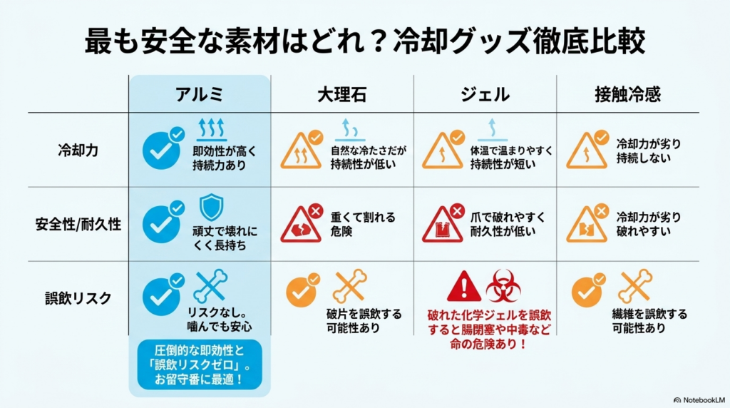 犬用冷却マット（アルミ・大理石・ジェル・接触冷感）の安全性と冷却力の比較