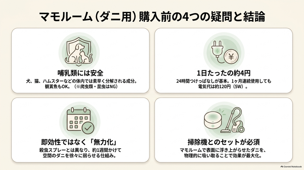 乳類への安全性、1日約4円の電気代、ダニの無力化、掃除機とのセット必須という購入前に知っておきたい4つのポイントまとめ