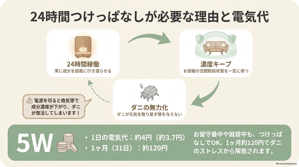 空間飽和状態を保つために24時間稼働が必要な理由と、1ヶ月約120円の電気代の目安