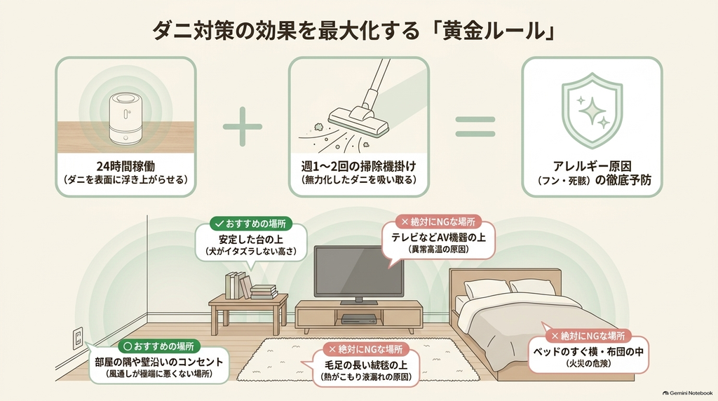 24時間稼働と週1〜2回の掃除機掛けの組み合わせ、およびコンセント周りのおすすめ配置と避けるべきNGな場所の図解
