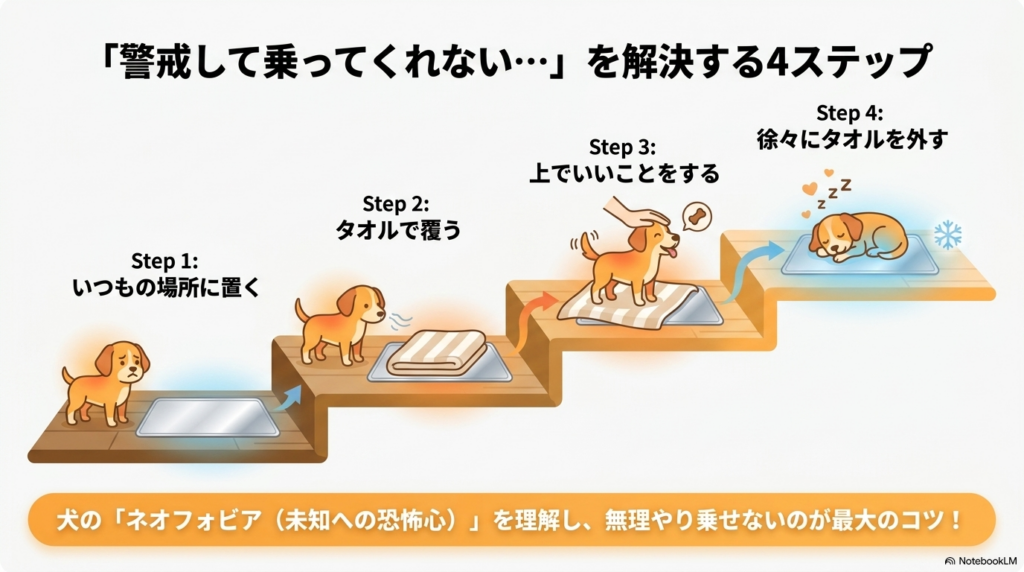 警戒してアルミプレートに乗らない犬を慣れさせる4つのステップ