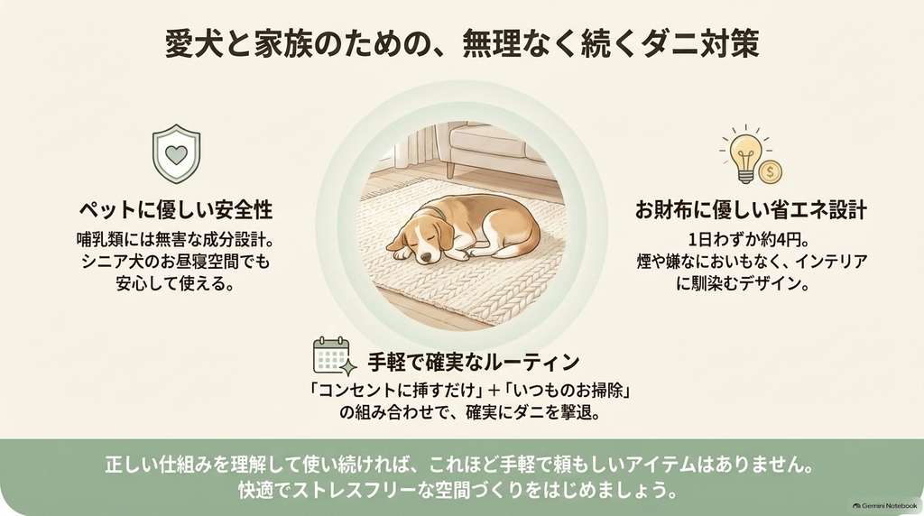 ペットに優しい安全性、お財布に優しい省エネ設計、手軽なルーティンなど、無理なく続くダニ対策のまとめ
