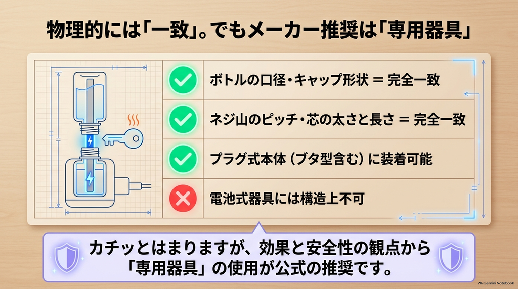 ースノーマットとマモルームのボトルの口径やネジ山は完全に一致し、ブタ型などのプラグ式本体には装着可能だが電池式器具には使えず、専用器具の使用が推奨されることを示す図解