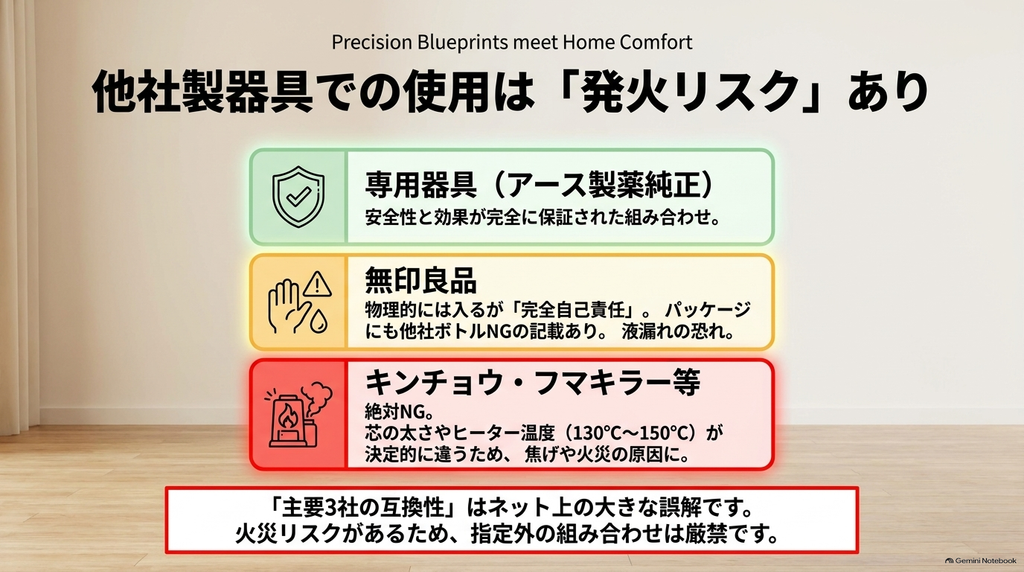 専用器具以外での使用リスクとして、無印良品の器具への装着は完全自己責任となり、キンチョウやフマキラーなど他社製品との混用は芯の太さやヒーター温度の違いにより発火の恐れがあり絶対NGであることを示す警告図解