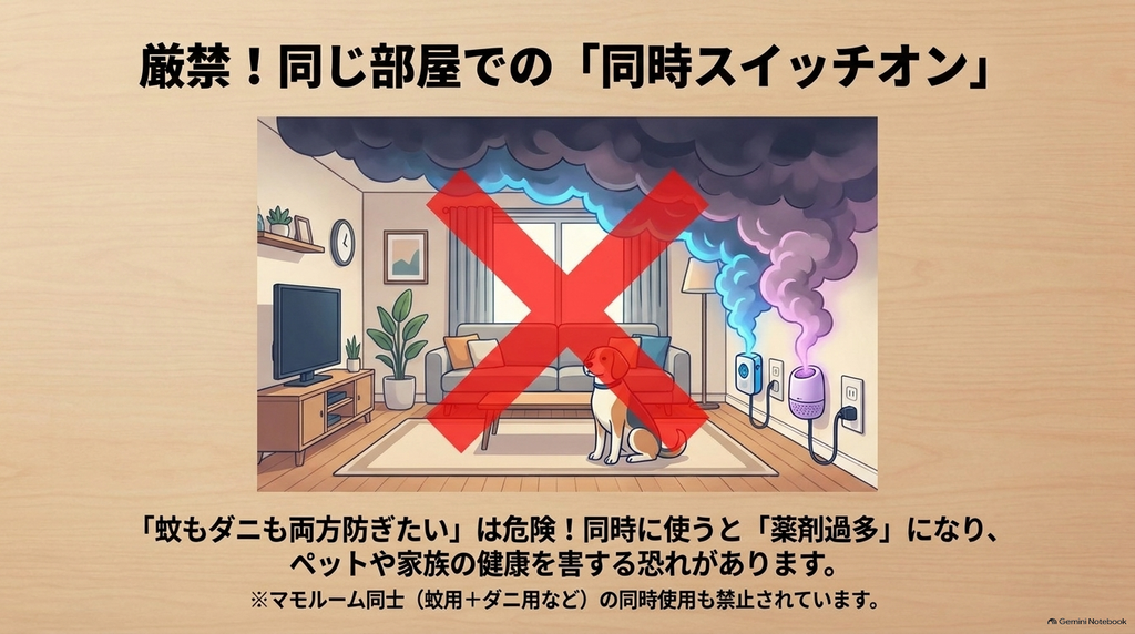 同じ部屋で複数の殺虫器具を同時に使用すると薬剤過多になり危険であることを示す図解。マモルーム同士の同時使用も禁止されている。