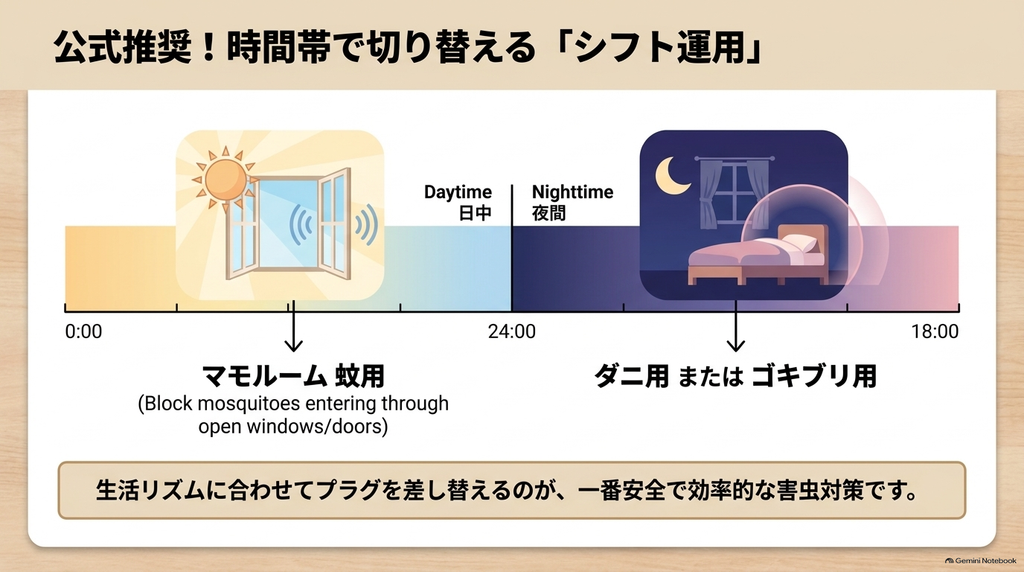 日中は窓から侵入する蚊を防ぐマモルーム蚊用、夜間はダニ用やゴキブリ用に切り替えるなど、時間帯で使い分けるシフト運用を解説した図解