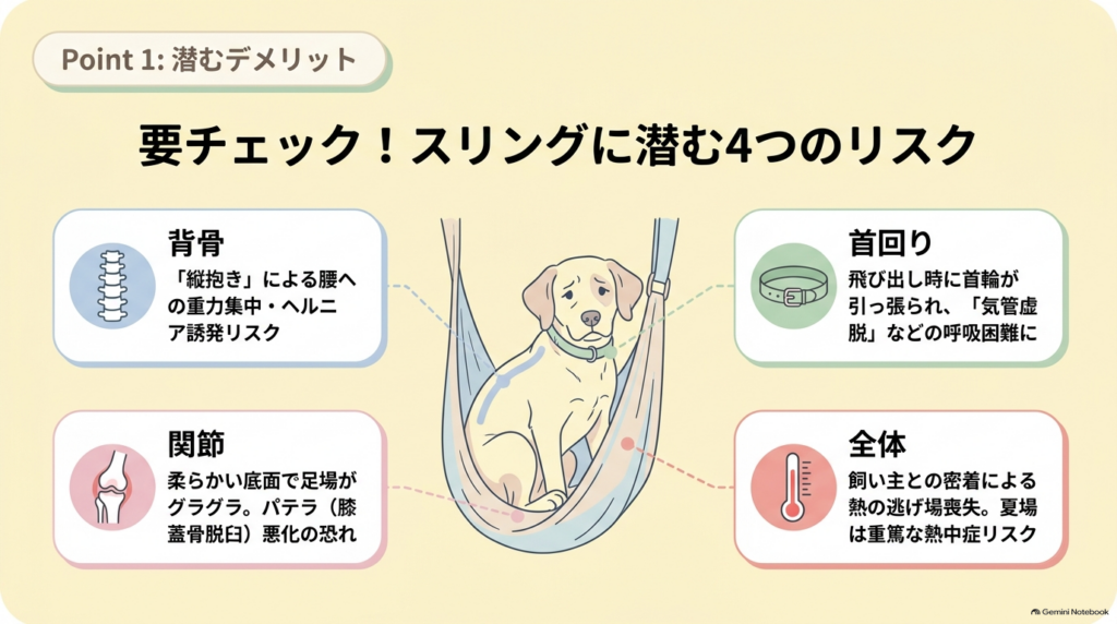 犬用抱っこ紐に潜むデメリットを図解したスライド。背骨、首回り、関節、全身（熱中症）への4つのリスクがまとめられています。