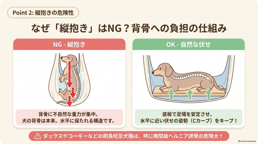 縦抱きによる背骨への負担を解説したスライド。不自然な重力が集中する縦抱きはNGとし、底板で水平に近い伏せの姿勢を保つことの重要性を示しています。
