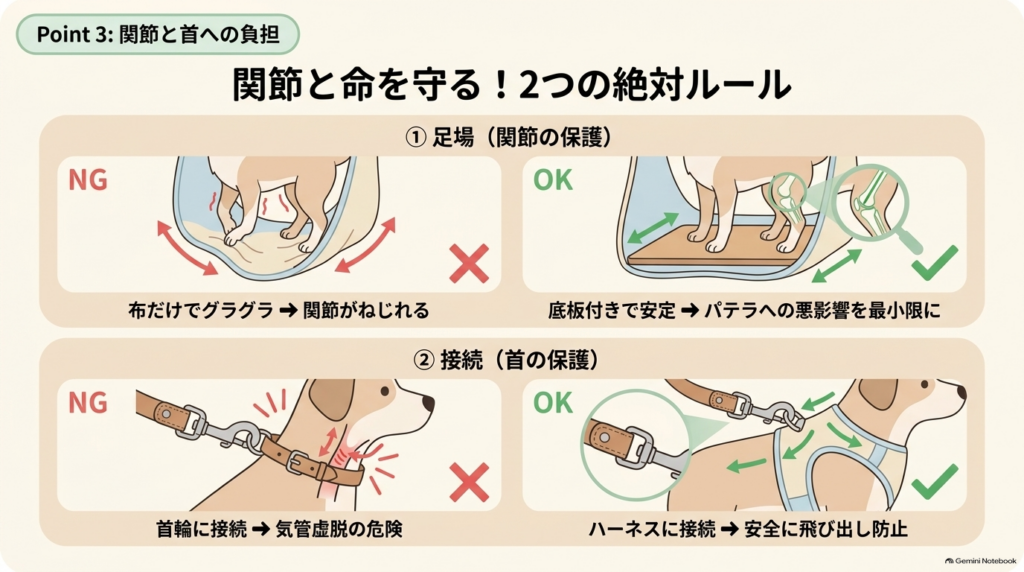 関節と首への負担を防ぐルールを図解したスライド。グラグラする布だけではなく底板付きを選ぶこと、首輪ではなくハーネスに接続することが示されています。
